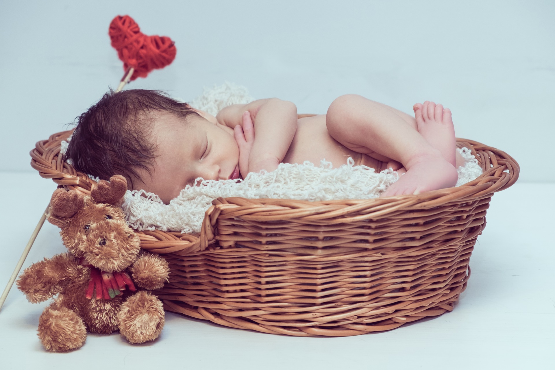 newborn baby asleep with heart flower and teddy bear photogragh
