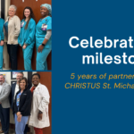 Healthcare professionals at CHRISTUS St. Michael Hospital celebrate 5 years of partnership with OB Hospitalist Group, holding a plaque.
